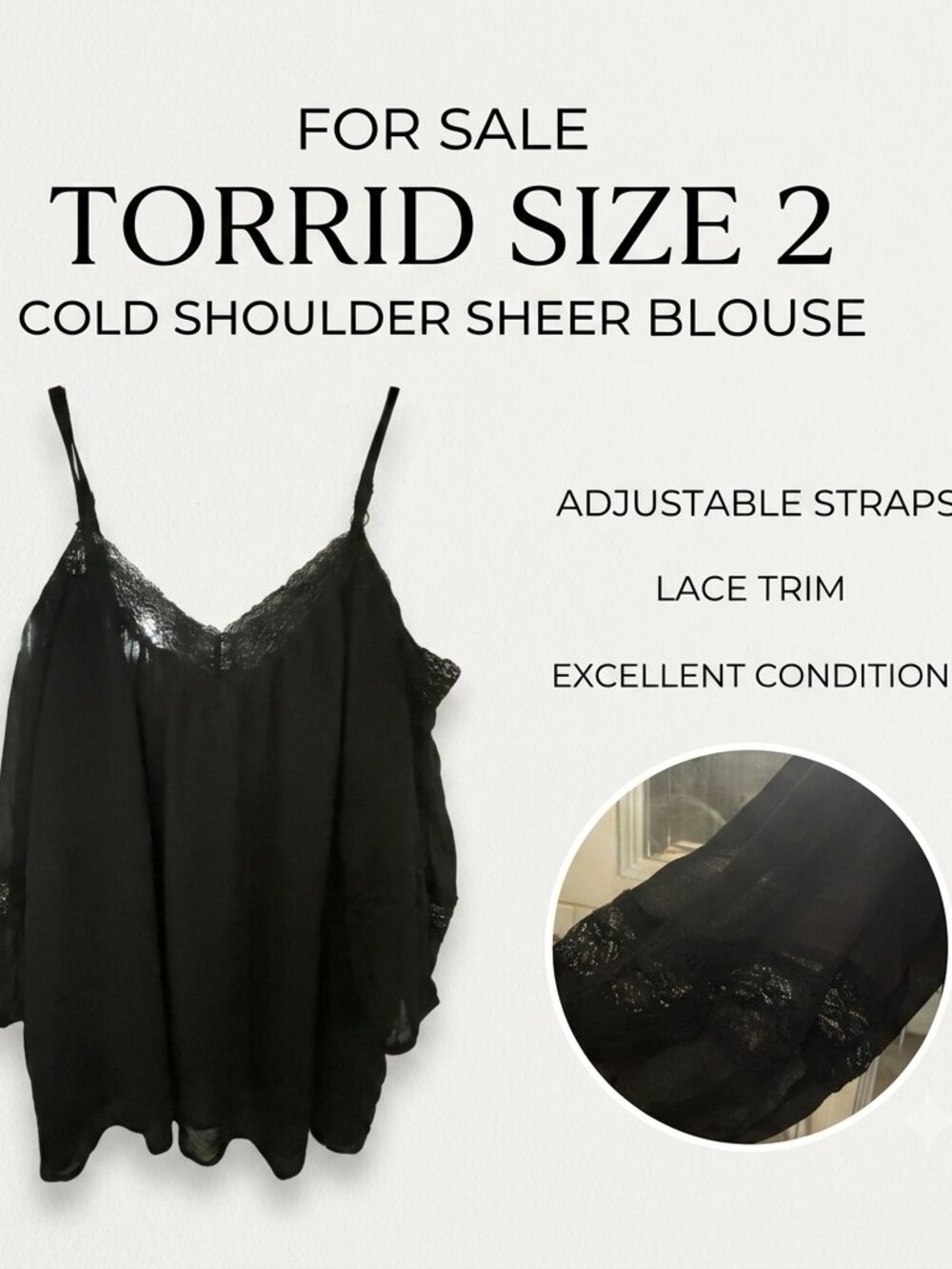 Torrid Sz 2 Black Chiffon Cold Shoulder Blouse with Lace Trim and 3/4 Sleeves